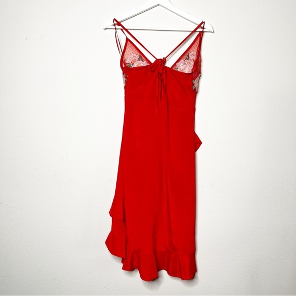 CleoBella Whispers Red Slip Dress Asymmetric Hem Embroidered - Picture 9 of 11